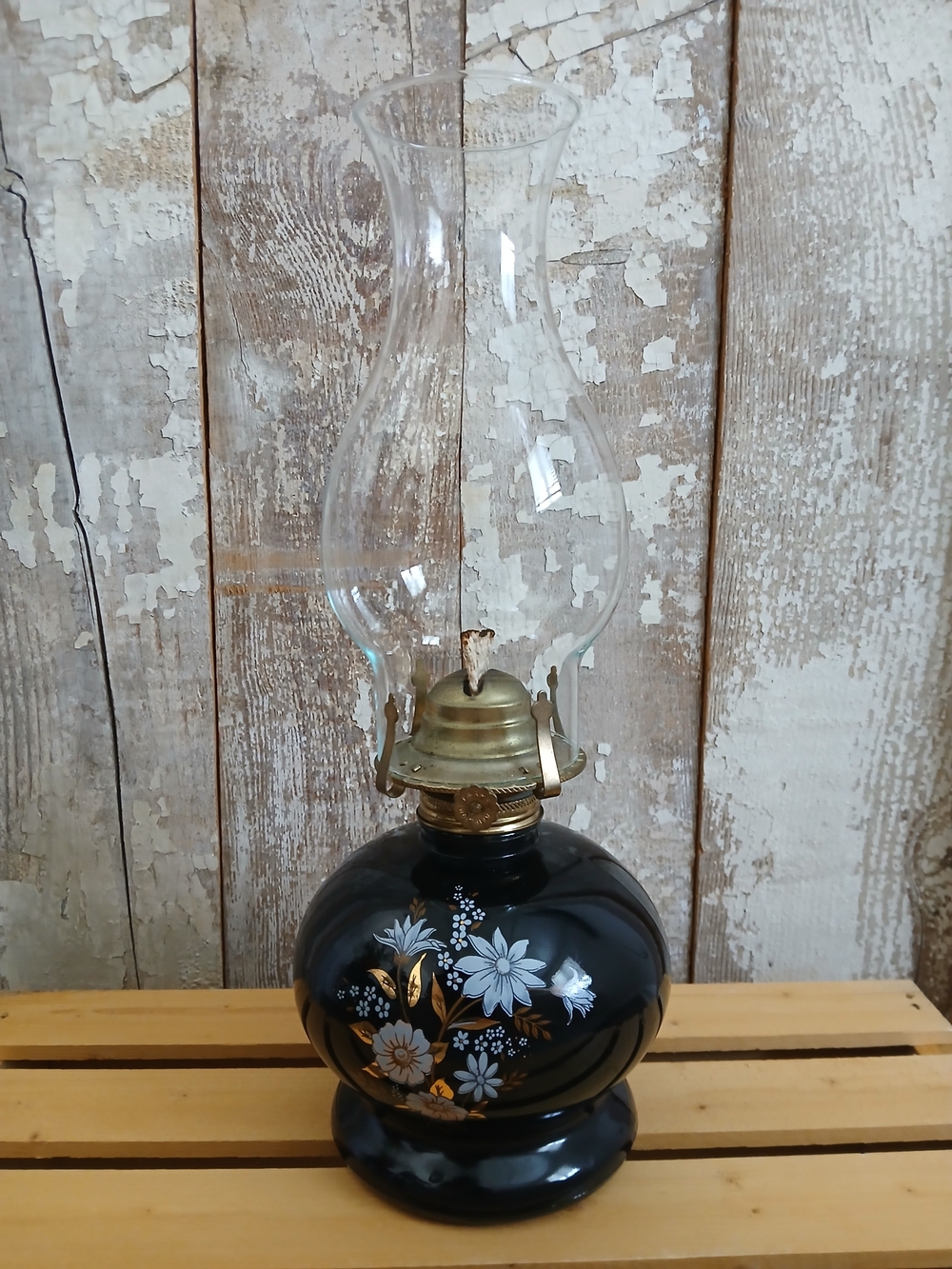 Vintage Lamplight Farms Oil Lamp: Black Floral Glass Top